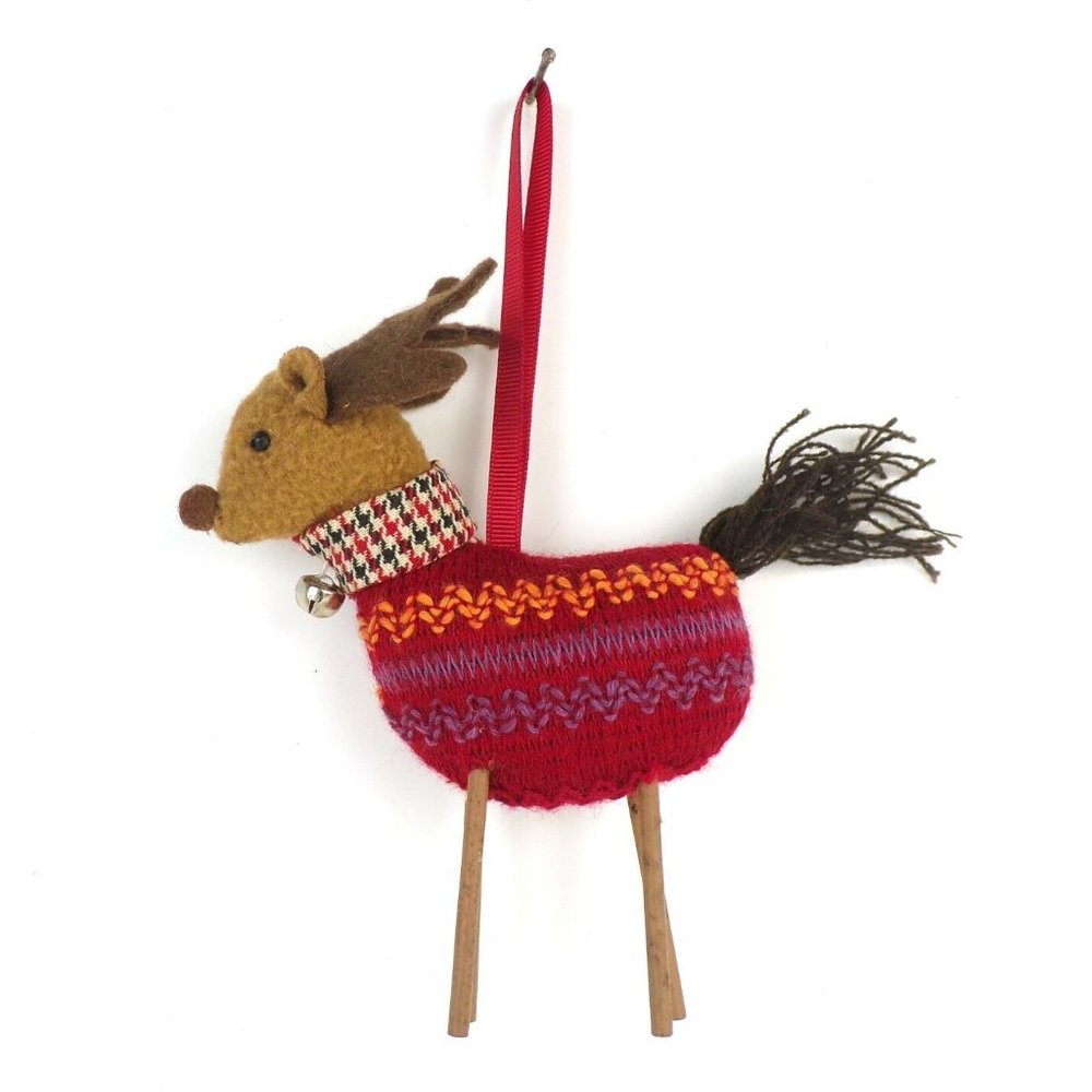 Christmas Tree Ornament Reindeer Red Brown Plush & Felt Country Deer Holiday NEW